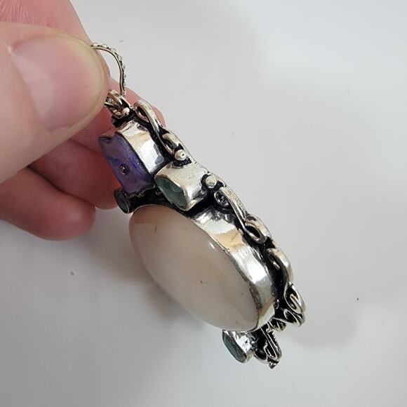 Handmade Silver Pendant with White Jasper, Sugilite & Emerald Accents - Picture 3 of 10